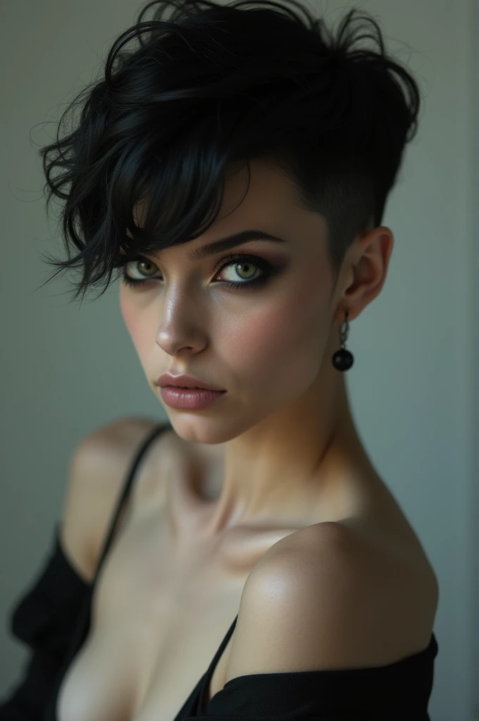 [Create an image of a girl with a black wolfcut hair and smooky eye and her naked body]