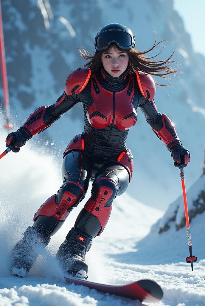 photo-realistic, ultra-realistic, very beautiful Japanese, famous Japanese idol, 20 years old, dramatic scene, masterpiece, beautiful eyes, cyber punk, (wearing cyber punk mecha armor suits made of hard plastic with neon marker:1.5), glossy hard plastic armor, long ski is merged with legs, (neon illuminated suits), (she is extremely acrobatic skiing:1.5), (fully equipped with futuristic ski equipment:1.3), amazing view of her dynamic movement, acrobatic pose, dynamic angle, spectacular, Nimble movements, Sharp turns, (very large breasts),