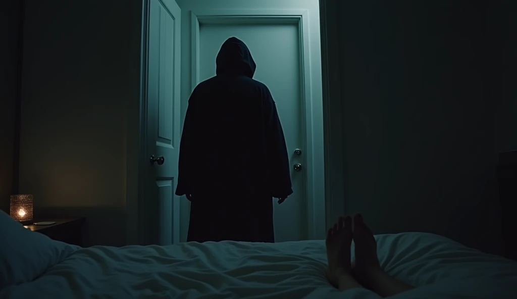 First person's view, a dark shadow hunched figure in dark robe stands in front of the closed door while looking at the viewer, there is a pair of the viewer's feet seen on the bed. It is midnight and the small bedroom is dimly lit by an unseen night lamp 