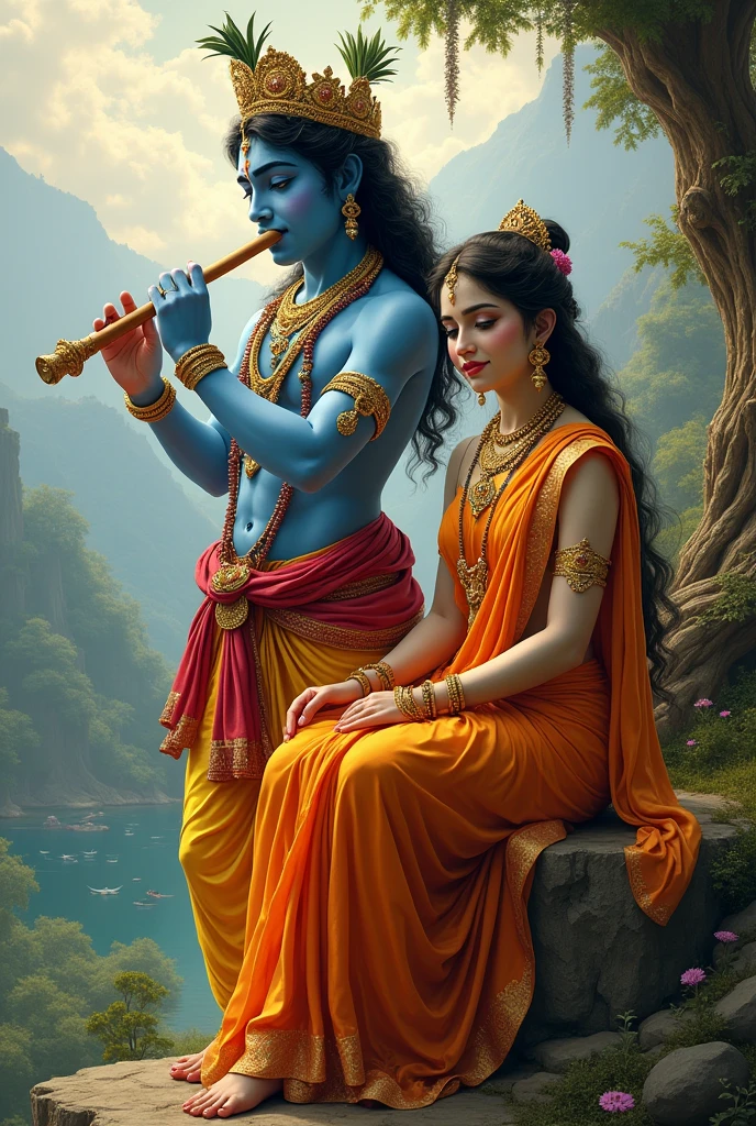 shree krisna bhagwan with basuri. and behind radha rani sitting