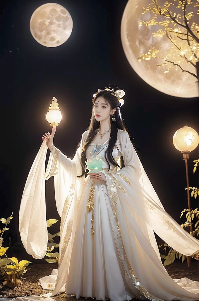 (((best quality))),(((ultra detailed))),(((masterpiece))),illustration,((1 beautiful girl,fairy,Chang'e,solo)),((earrings,necklace)),((slim,thin)),((small breasts,flat chest)),(magnificent white sheer Hanfu:1.3),(slender legs:1.2),(stockings:1.3),(a jade rabbit:1.5),((moon,Mid-Autumn Festival)),(standing:1.3),(on the moon:1.3),(in luxurious crystal palace:1.3),face bright,beautiful and moving,exquisite patterns,gold and silver threads,flowing skirt,charming,hair accessory,silver hairpin,gemstones,brilliance,luxurious decorations,gold and silver jewelry,transparent windows,crystal balls,gemstone towers,bright moonlight,mysterious and beautiful,enjoy,story of Chang'e,fairyland,(night scene:1.3),((from front,upper body))