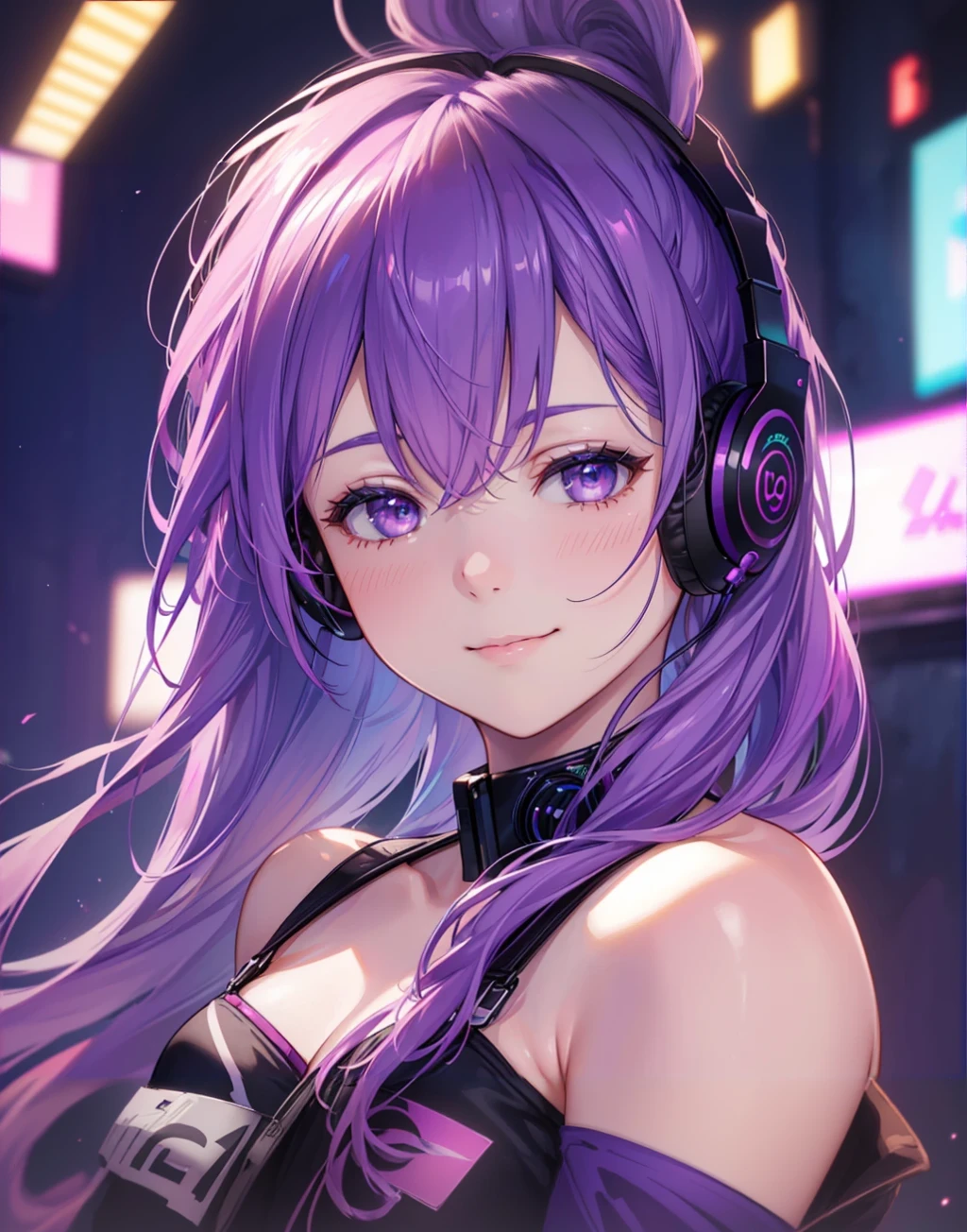 anime girl with headphones and purple hair in a city, anime style 4 k, best anime 4k konachan wallpaper, nightcore, anime wallpaper 4 k, anime wallpaper 4k, anime art wallpaper 4k, anime art wallpaper 4 k, anime art wallpaper 8 k, 4k anime wallpaper, seductive anime girl, detailed digital anime art, anime style. 8k