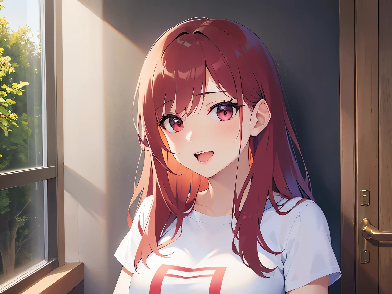Realistic, real person, RAW photo, photorealistic, portrait photography, shiny skin,  25-year-old woman、(Medium Hair) and (red hair) and (red eyes), Wearing a white T-shirt、smile, open mouth, blush, The background is the conference room、Alone