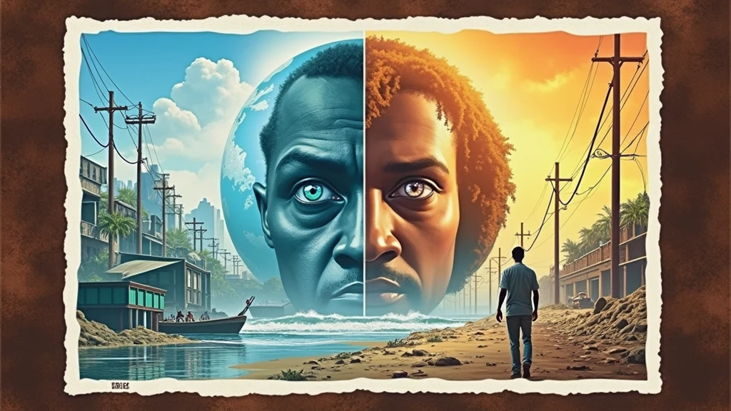 image of the poster describing the devastating impacts of global warming in Vila Velha in the year 2200, with the submerged beaches and the city in ruins.