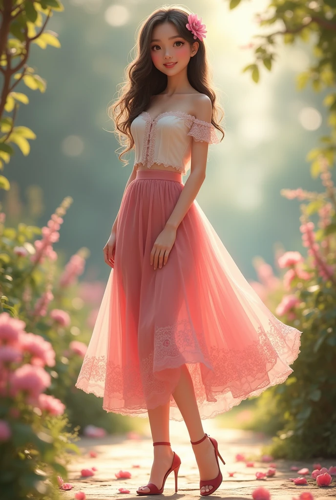 Beautiful Girl，sweet，whole body，High heel，Off-shoulder，Pink skirt，Lace，Flowers，student