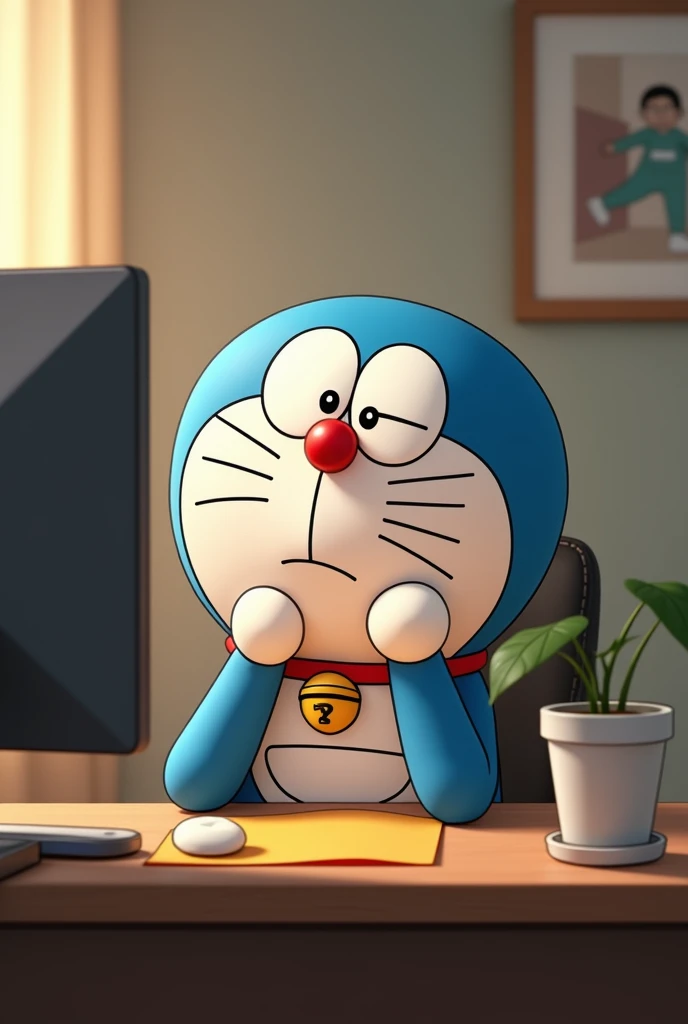 A Nobita
who sitting on a chair and table and computer front and tolking front of camera with a plain full body