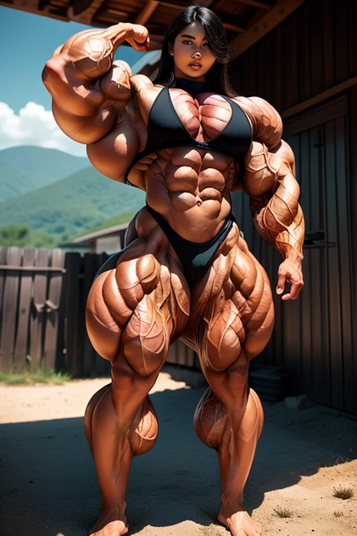 Photorealistic, high resolution, 1 malay woman, Solo, Hips up, Battlefield background,view the viewer, (Detailed face), half naked, naked in public, SWAT vests, sniper rifle handle, muscles shredded, bulletproof vest, Holding an assault rifle, M16, Inside the city, Very detailed, Perfect face, Black eye, jewelry, (full body view),Beautiful woman from Korean, this woman is 1, she likes to be veiled and nude (has unusually large muscles: 1.6), (hands in the deltoid, biceps, triceps, chunky meat muscles: 1.5), (chest, breasts, abdomen up to the pussy muscle and lumpy: 1.5), (her legs and thigh up to the calf her muscles are lumpy: 1.5), she whole body has veins,(because she muscles are too hard, the veins all over her body appear like root:1.6), she walk Barefoot (village background:1.6)(Nude:1.6).(full body view),(detailed face),(woman:1.8),(Gigantic muscle mass: 1.6),(Beautiful face: 1.6),sweet face, (younger face: 1.5),perfect eyes,perfect body/face,(1859s era hairstyle:1.6),(eyes liner),(dirty skin:1.4),ultra realistic, ((4k HQ)), Sharpen, classic cam.