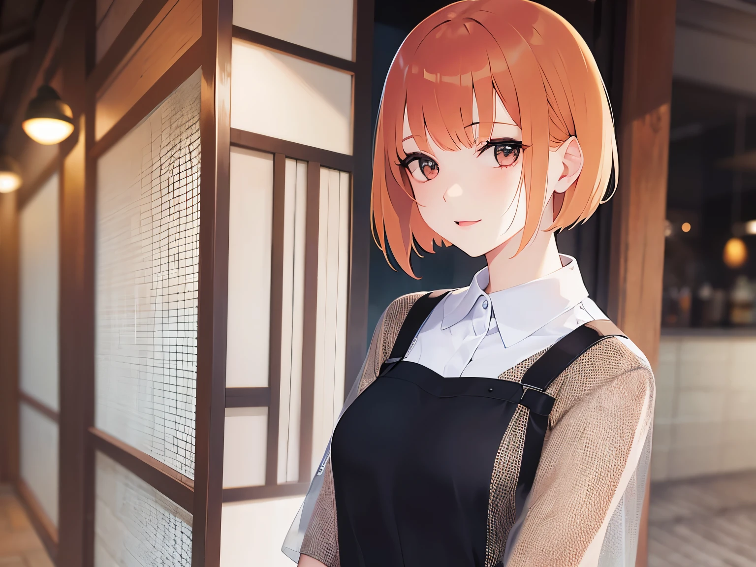 Realistic, real person, (pale skin: 1.2), RAW photo, photorealistic, portrait photography, shiny skin, shiny hair、(27 year old woman with orange bob cut) and (orange eyes) , White blouse、open mouth, smile, The background is the interior of the izakaya、Alone、Are standing