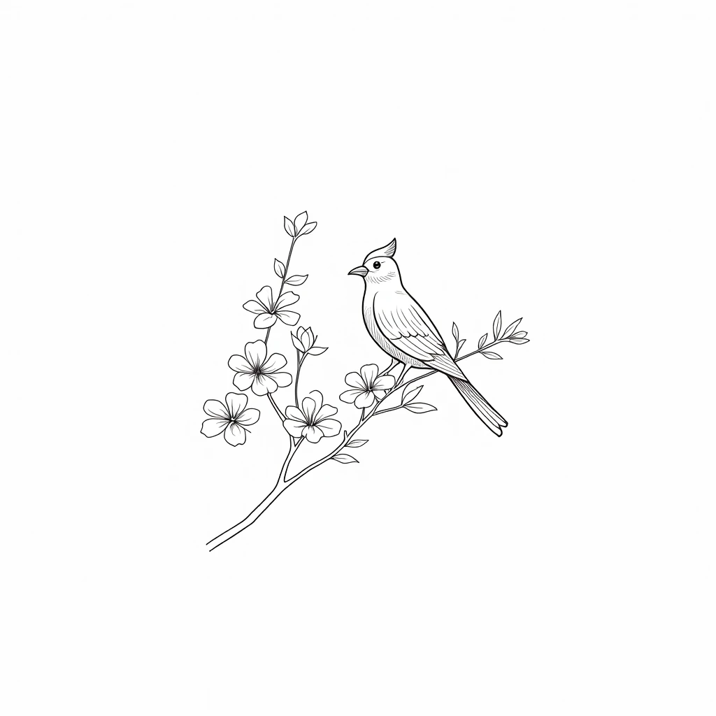 Coloring Book , Thin black line , White background with large negative space , Simple style , Chinese traditional flower and bird pattern , Poetic atmosphere