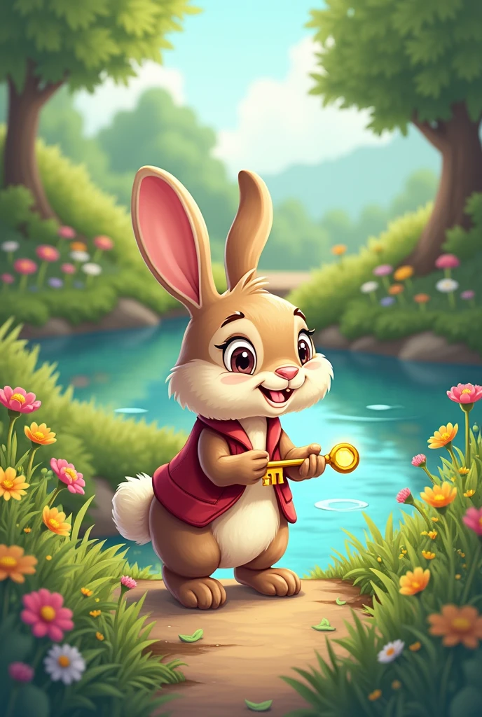 rabbit searching area near pound while holding a golden key in cartoon style