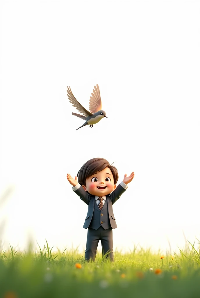 white background,best quality,little smart boy,wearing smart suit,standing on grass,raising his hands to the little bird,cute beautiful little bird flying,cute boy smiling