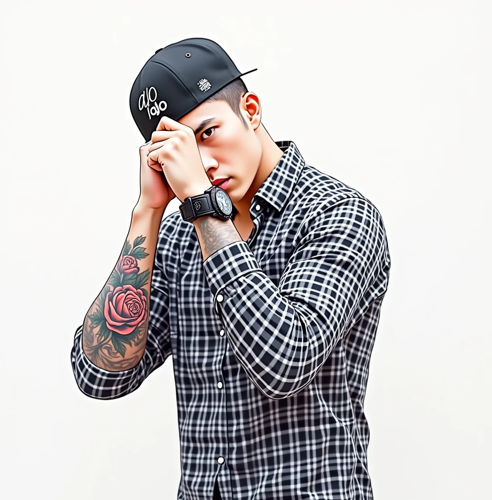 there is a asia man with a Rose tattoo on his arm and a watch, photo style of shawn paul tan, Roses tattoo style, tattooed man, inspired by Rudy Siswanto, dark but detailed digital art, realism artstyle, hyper realistic style, hyperrealism, detailed style, photorealistic, high quality portrait, realism art style, digital painting highly detailed. his cap writing AJO As logo
