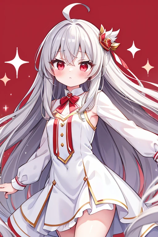 One person, One personで, Long Hair, High resolution, chest, blush, とてもLong Hair, Gray Hair, Ahoge, High resolution, masterpiece, Highest quality, Simple Background, Red eyes, Sparkle Effect, White Dress、Noble、Lady、running、