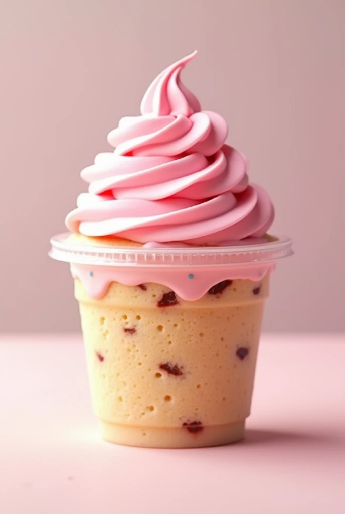 Plastic cup filled with vanilla cake with pink frosting 