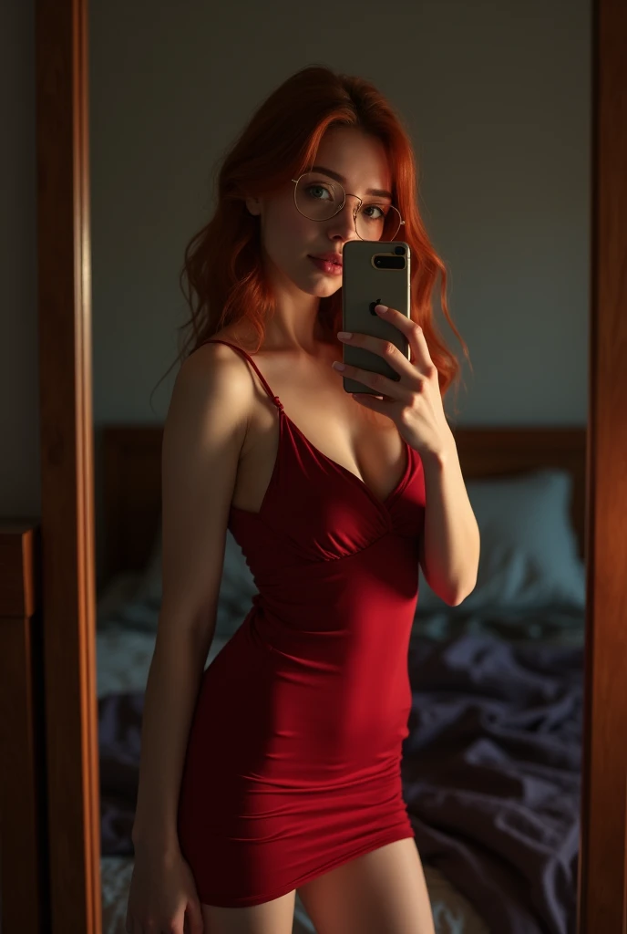 
A girl with Western European features, with dyed red hair, glasses, light brown eyes, White color, 19 years old. Slim body shape, breasts a little big and round, Defined hips, big and round buttocks, Height 1.69m. is in his room, posing in front of the mirror taking a photo with her iPhone while covering her face, The photo is from the legs to the head. Her outfit is a small set of very low-cut lingerie that highlights her breasts and with a tight thong..