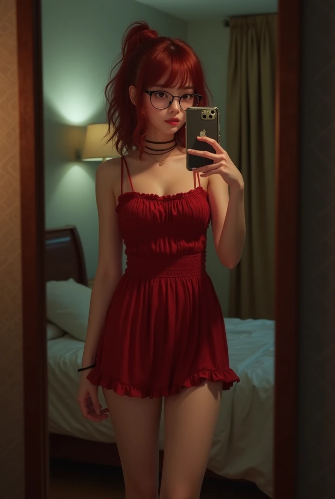 A girl with Western European features, with dyed red hair, glasses, light brown eyes, white skin, of 18 years. Very thin complexion, breasts a little big and round, Wide hips, small stature. He is in his room about to go out to party, posing in front of the mirror taking a photo with his iPhone, The photo is from the legs to the head. Her outfit is a red dress, short and tight. night lighting