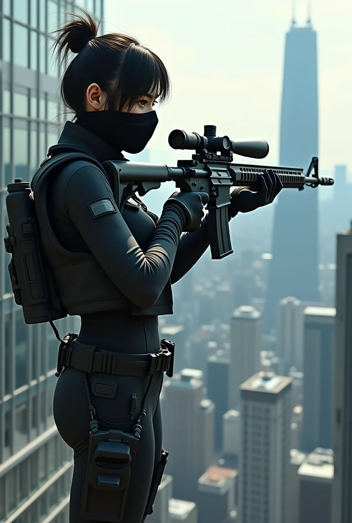 A Japanese female sniper wearing a cloth mask stands on the rooftop of a high-rise building.