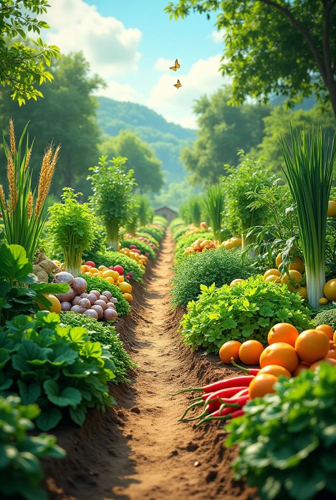 Vegetable gardens have the following vegetables: coriander, pepper plants, garlic, ginger, sugarcane plants, soybeans, mung beans, wheat plants, onions, celery, chili plants, and lemon plants.