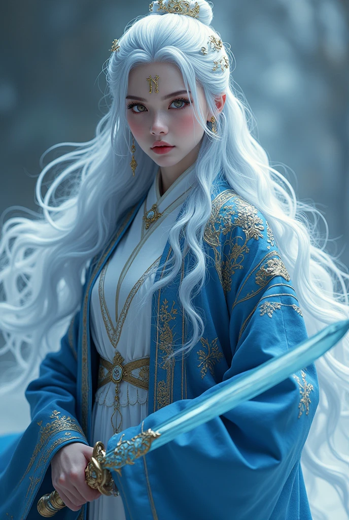 Most beautiful xianxia female protagonist,adult girls,cold face,light blue dominant fillamen and silver undertone long hair ,golden fiery eyes,use majestic garmen with dark blue sky dominant fillamen,tight clothes,big breast,golden pattern clothes,face detailed,lips detailed,thin red lips,golden rune scratch at fore head, held icycle blue sword,sword detailed,forehead detailed,better quality, masterpiece,24K ultra hd,super beautiful detail,goddess featuring