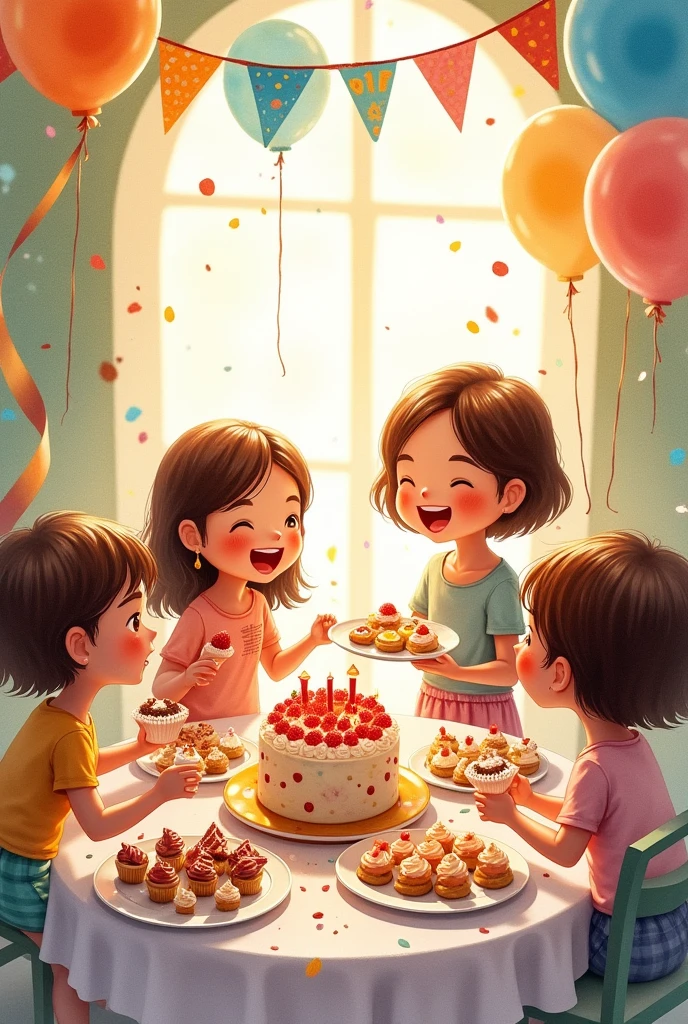 Create a watercolour theme about this story "As the party continued, Vina and her friends laughed, played games, and talked about their favorite parts of the desserts. Vina felt happy knowing that dessert time had been so special. (As Children)