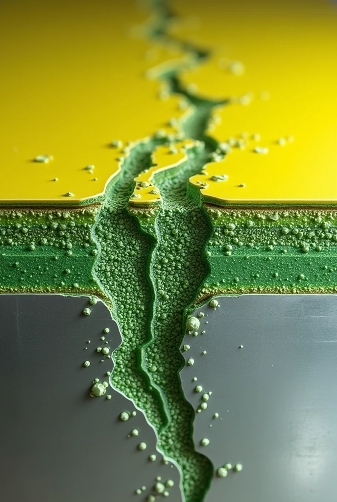 Kindly generate a cross section of an epoxy/PANI-pTSA coated Tinplate. The top layer showing yellowish-green epoxy/PANI-pTSA adhered to the bottom layer Tinplate surface. The coating has open straight line microcrack that stop on top of the tinplate surface. The straight line microcrack showing healing or filling green nano particles of PANI-pTSA adsorbed on the corroded site of tinplate substrate surface by the dipole interactions.
