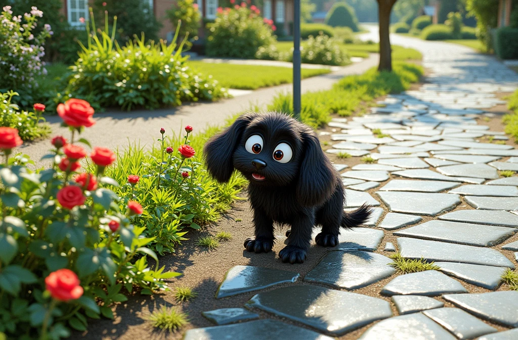 turn the black dog into a cartoon character, pixar style