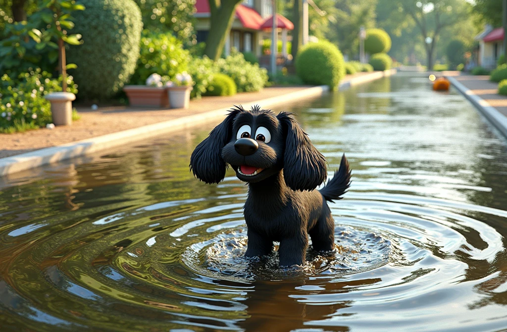 turn the black dog into a cartoon character, pixar style
