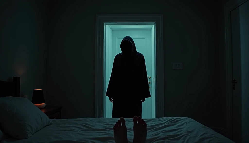 First person's view, a dark shadow hunched figure in dark robe stands in front of the closed door while looking at the viewer, there is a pair of the viewer's feet seen on the bed. It is midnight and the small bedroom is dimly lit by an unseen night lamp 