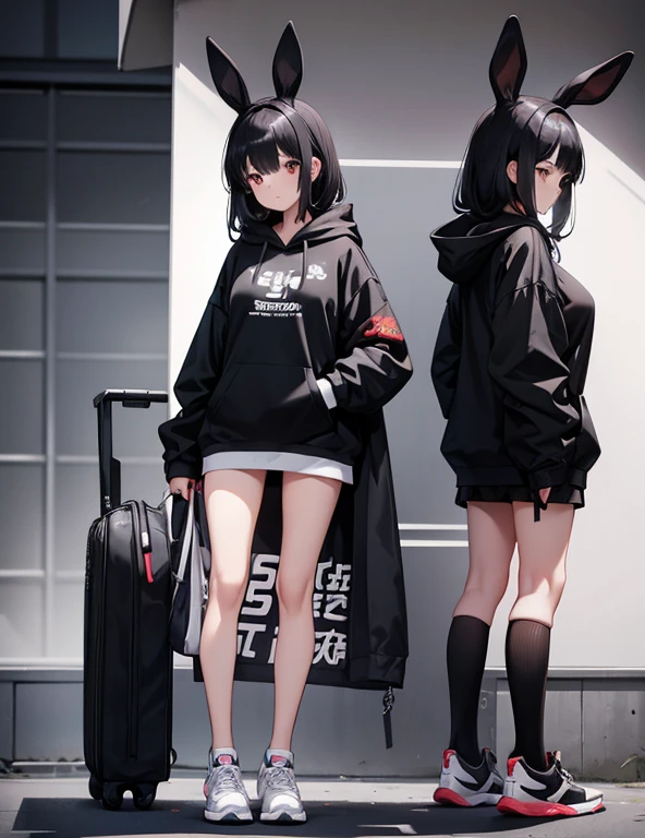 18-year-old female,Black Bunny Hoodie,Het Fong,Black and white sneakers,Are standing,Erotic,Expose,first round,In front of people,Super big breasts,Completely naked,long,whole