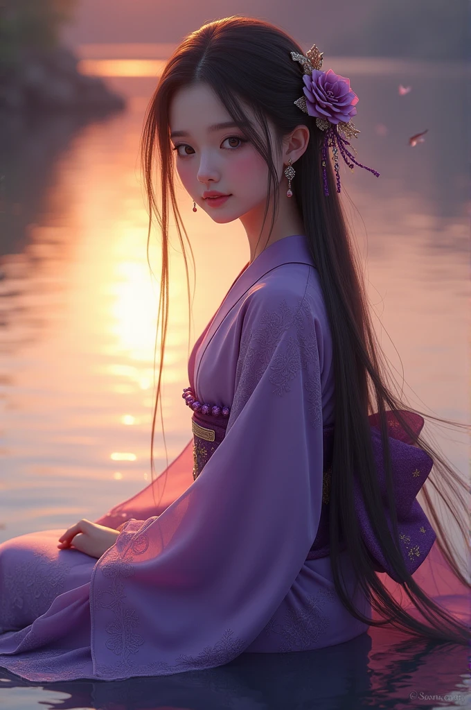 8K, UHD, masterpeiece,best quality, 1 girl, realistic face, detailed eyes, very long hair, long straight hair, small breasts, very detailed dress, kimono costume, purple costume, ((flowing lace)), sardine, flowing sardine, jwellery, earring, ornaments, evening, lake, water, sunset, depth of field, glowing light, god rays, reflection light, bloom, blending, sitting,