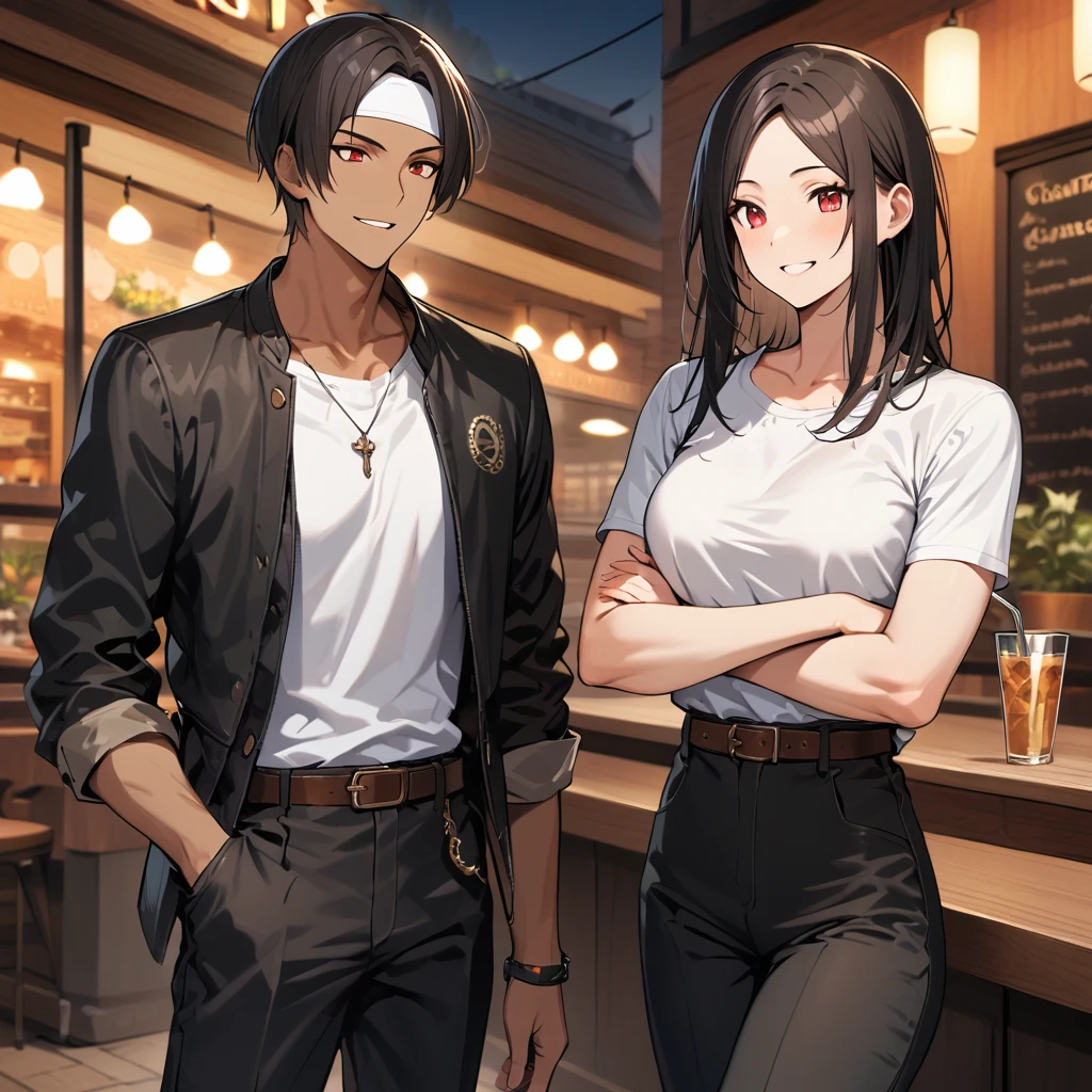 Orochikyo, two people, two shots, dark skin, red eyes, black jacket with rolled up arms, fingerless gloves, black hair, white t-shirt, ((white headband)), black pants, white shoes, brown belt, handsome, shot, charming, masterpiece, high resolution, detailed face, fine grain, confident smile, Two women laughing with restaurant in background, same hair and clothes, peace sign.