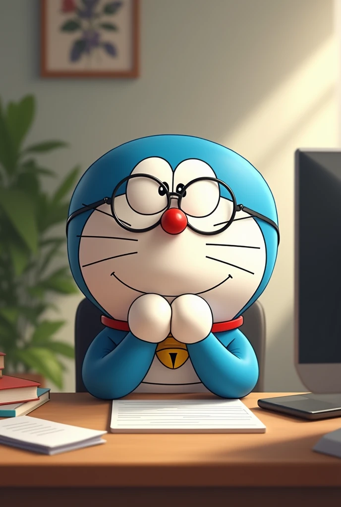 A Nobita 
 who sitting on a chair and table and computer front and tolking front of camera   with a plain full body 