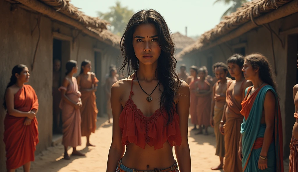 "A young woman, Neha, with a determined look on her face, standing in a small village square. Villagers around her are whispering and looking fearful, but Neha looks resolute and curious."