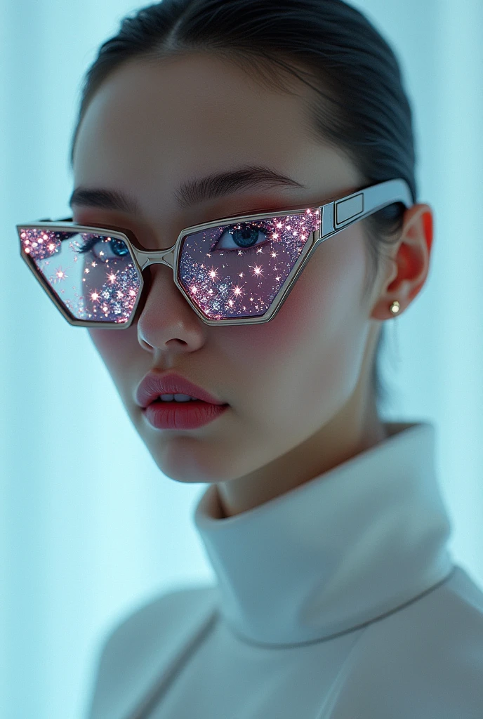 The model is wearing sunglasses with crystal stars on the glass..