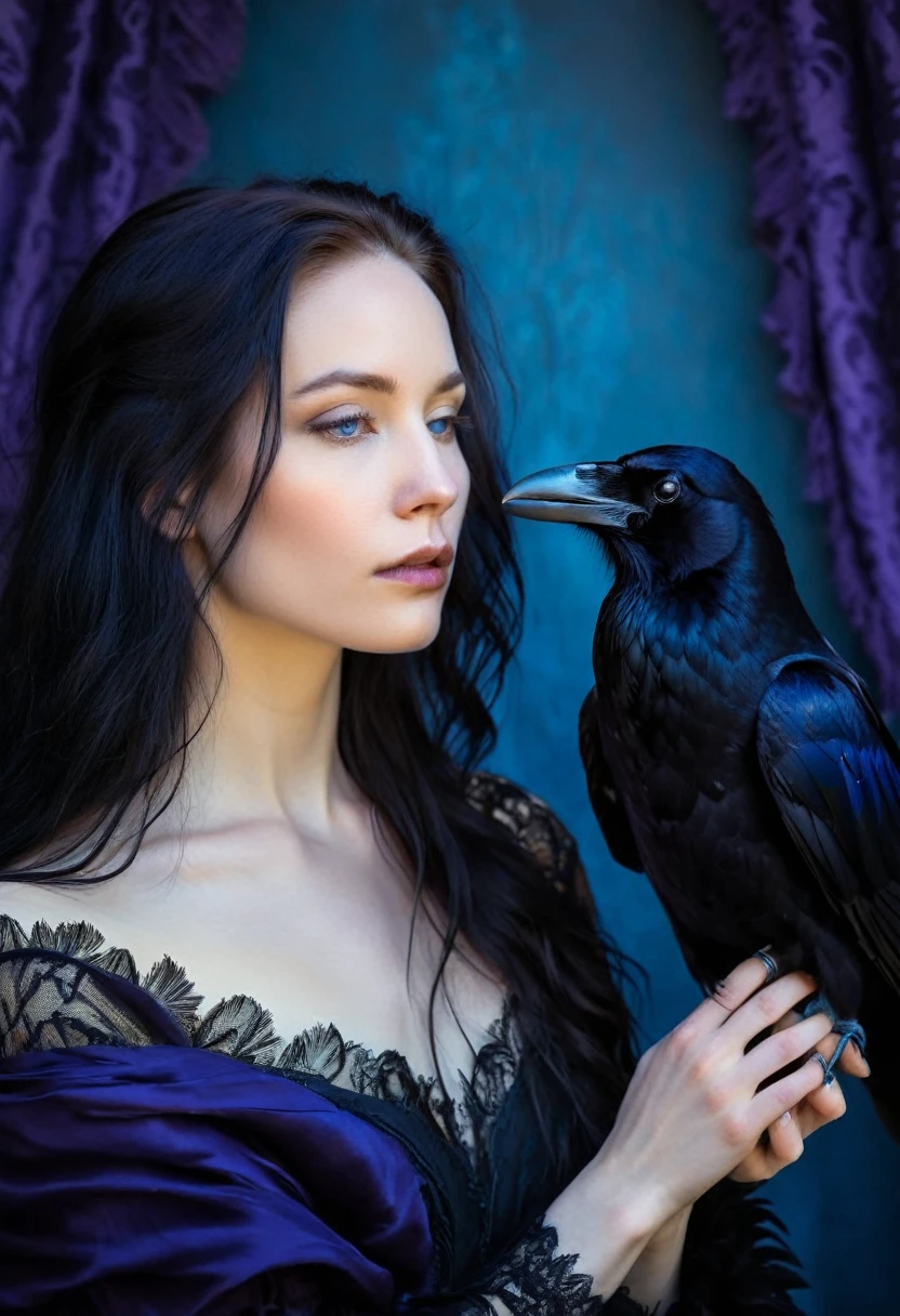 A hauntingly beautiful scene where a woman with pale skin and dark, flowing hair shares a profound connection with a raven perched close to her face. The raven’s feathers, iridescent with hues of black, blue, and violet, blend seamlessly into the shadowy background. The woman’s eye, glowing with a golden hue, mirrors the raven’s, their gazes locked in a silent understanding. Her hand, lightly touching the raven’s beak, adds a delicate touch to the composition. The overall mood is one of deep introspection, with the painting style reminiscent of Baroque chiaroscuro, emphasizing the interplay of light and shadow.