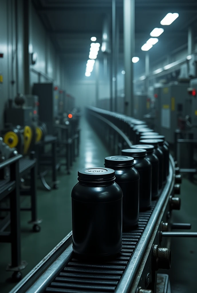 A gloomy factory where sports nutrition is produced, plastic jars of 3-2 kg, black too , let them show the conveyor, various machines, no need for now