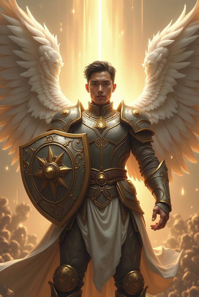 masterpiece, best quality, realistic, ultra detailed, movie poster style, dungeons and dragons paladin character design, celestial, cute bruneian man with round face, soft facial features, muscular, stylish dark hair, majestic white angel wings, homoerotic heavy armor, deflects arrows with a shield, god rays, extremely dramatic lighting, perfect fingers, perfect hands, perfection