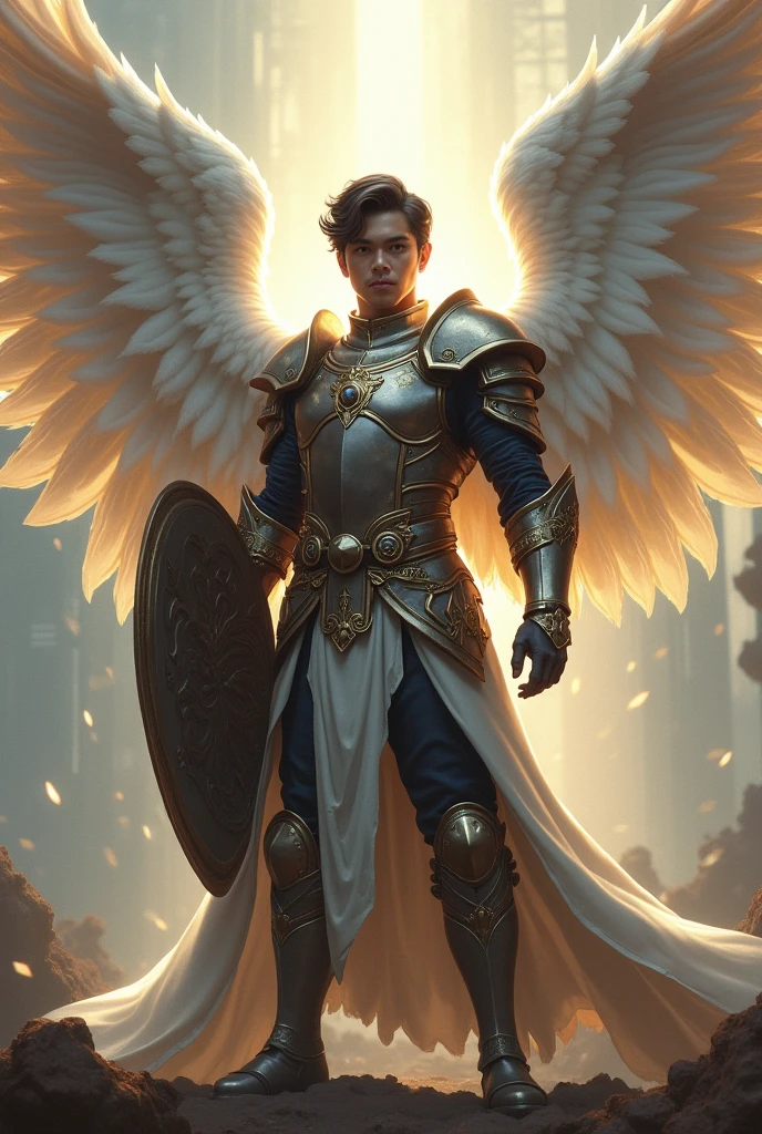 masterpiece, best quality, realistic, ultra detailed, movie poster style, dungeons and dragons paladin character design, celestial, cute bruneian man with round face, soft facial features, muscular, stylish dark hair, majestic white angel wings, homoerotic heavy armor, deflects arrows with a shield, god rays, extremely dramatic lighting, perfect fingers, perfect hands, perfection
