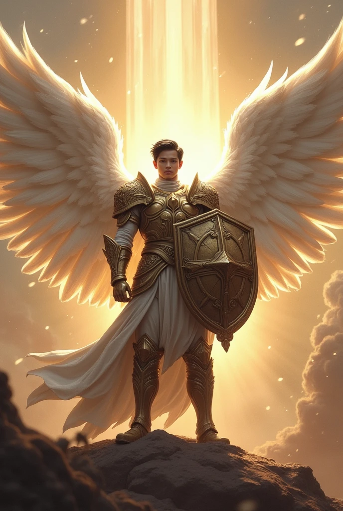 masterpiece, best quality, realistic, ultra detailed, movie poster style, dungeons and dragons paladin character design, celestial, cute bruneian man with round face, soft facial features, muscular, stylish dark hair, majestic white angel wings, homoerotic heavy armor, deflects arrows with a shield, god rays, extremely dramatic lighting, perfect fingers, perfect hands, perfection