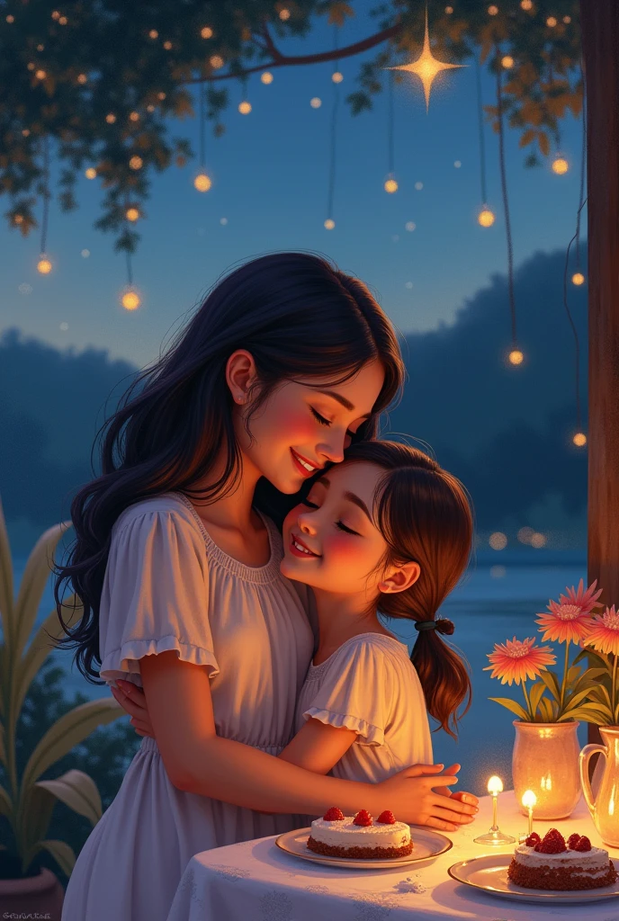 Create a watercolour theme about this story As the evening ended and the stars twinkled above, Vina hugged her mom and said, “Thank you for the best dessert party ever!”