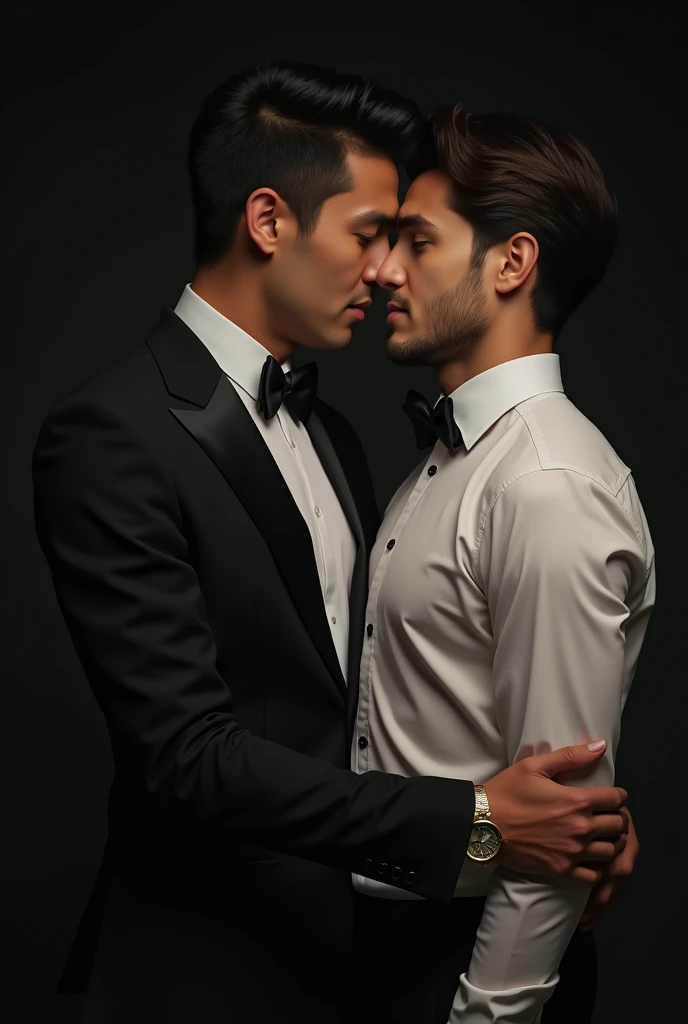 Captured in a low-angle shot, a man in a white button-down shirt, and black bow tie, is cuddling with another man, who is dressed in a black tuxedo. The man on the left is looking down at the man in the white shirt. His hair is short and dark, and he is wearing a watch on his left wrist. The backdrop is dark, creating a stark contrast to the two men.!oil painting effect!Aesthetic!romantic!