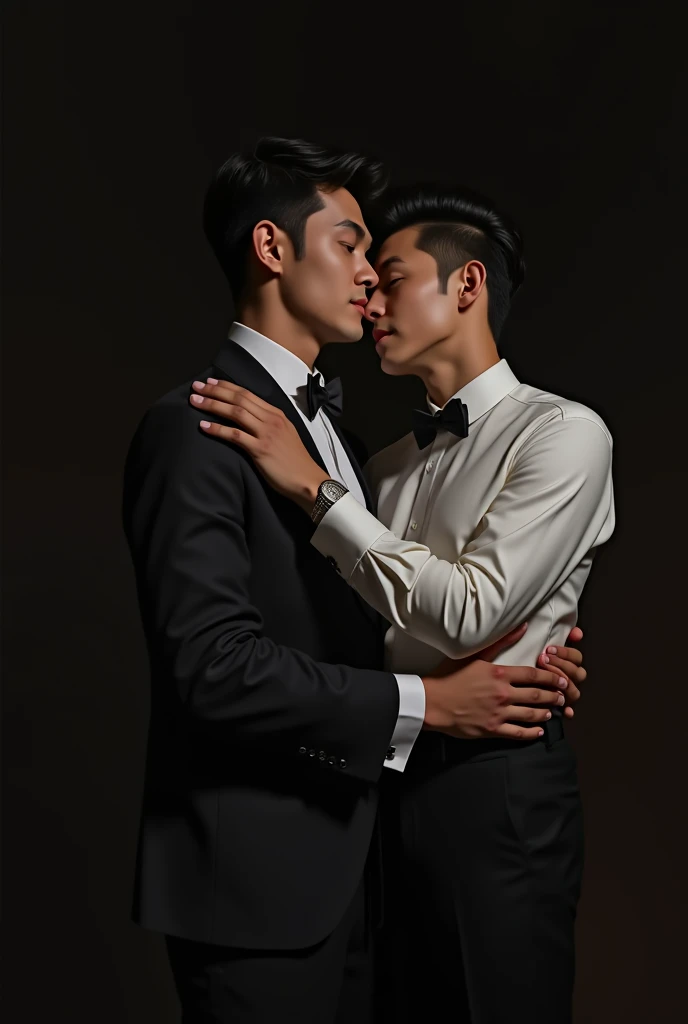 Captured in a low-angle shot, a man in a white button-down shirt, and black bow tie, is cuddling with another man, who is dressed in a black tuxedo. The man on the left is looking down at the man in the white shirt. His hair is short and dark, and he is wearing a watch on his left wrist. The backdrop is dark, creating a stark contrast to the two men.！oil painting effect！Aesthetic！romantic！