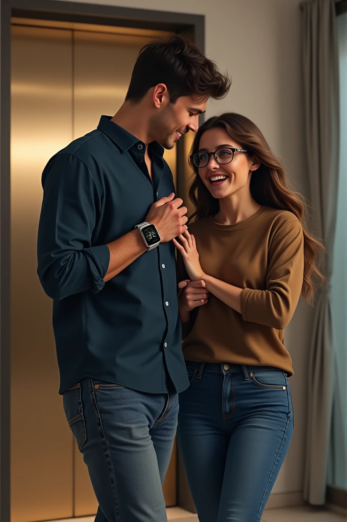 The young man comes to drop his girlfriend to the lift, the young man is wearing a dark blue shirt and jeans and a smart watch. And the girl is wearing a brown top and jeans and glasses, the girl was in a bit of a hurry because she was getting late to go home.