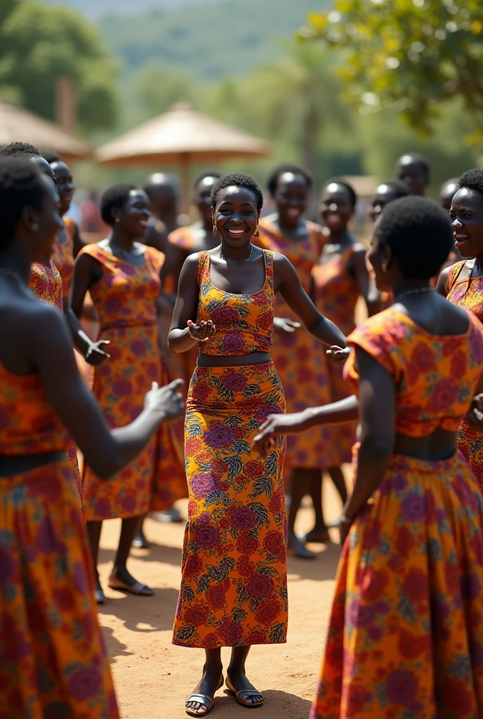 African women dancing round in circle, bending low. One in the middle rings bell. They are all wearing George wrapper materials, tied wrapper and blouses