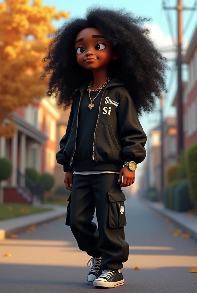 Disney Pixar (YOUNG BLACK MAN WITH LONG HAIR, curly black hair) He&#39;s walking the streets of your neighborhood hungry for ear, with a black sports jacket with Wy Strong Sil writing on it , black wide pants with lots of pockets, black sneakers, many gold threads around the neck, gold watch on wrist, ( no&#39;don&#39;t change the appearance of your face and your hair is already perfect) pixar, Cool and stylish