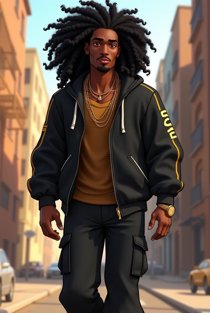 Disney Pixar (YOUNG BLACK MAN WITH LONG HAIR, curly black hair) He&#39;s walking the streets of your neighborhood hungry for ear, with a black sports jacket with Wy Strong Sil writing on it , black wide pants with lots of pockets, black sneakers, many gold threads around the neck, gold watch on wrist, ( no&#39;don&#39;t change the appearance of your face and your hair is already perfect) pixar, Cool and stylish
