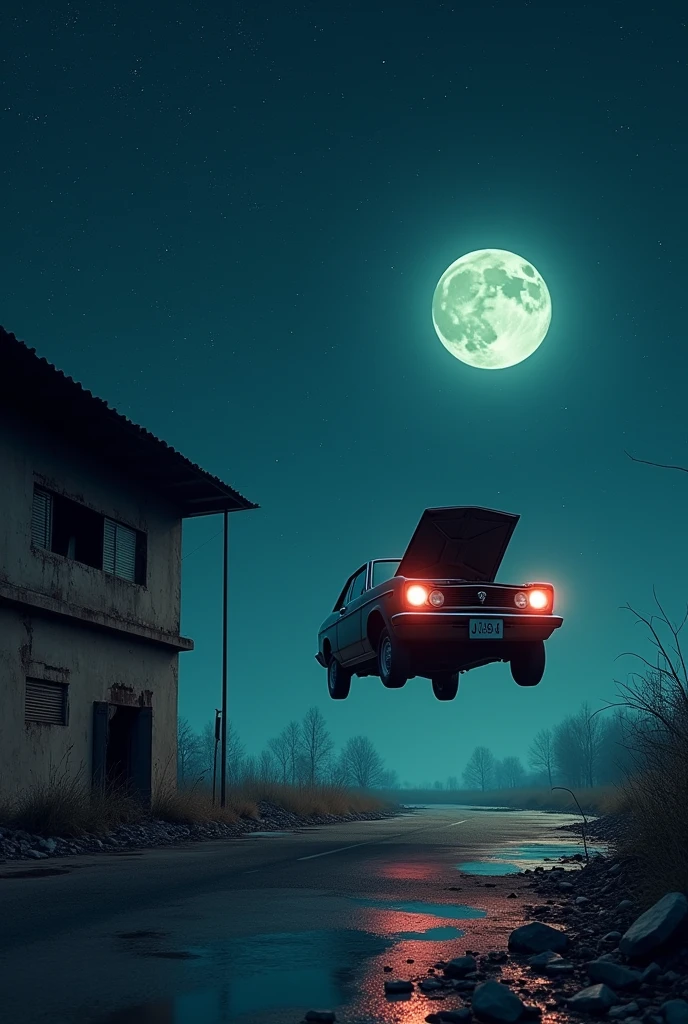 The image is a digital illustration of a night scene with a dark sky and a full moon in the background. In the center of the image, there is a car that appears to be floating in the air. The car is in mid-air, with its hood open and its headlights on. It is surrounded by debris and debris scattered around it. On the left side of the car, there is a parking slot, one with a sloping roof. The parking slot appear to be old and dilapidated, with broken windows and crumbling walls. The sky is filled with stars and the moon is shining brightly, creating a dramatic and eerie atmosphere.