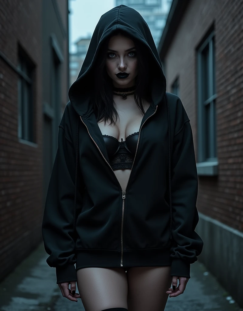 score_9, score_8_up, score_7_up, score_6_up, score_5_up, score_4_up, realistic style, photo, photorealistic, high detail, (sharp), BRAKE, beautiful girl, goth, black hair, makeup, thick lips, black lipstick, gothic makeup, seductive figure, firm breasts, black hoodie, cleavage, black miniskirt, black knee socks, stands by brick wall, looks at viewer, seductive pose, (against dark alley background), (night, dark)