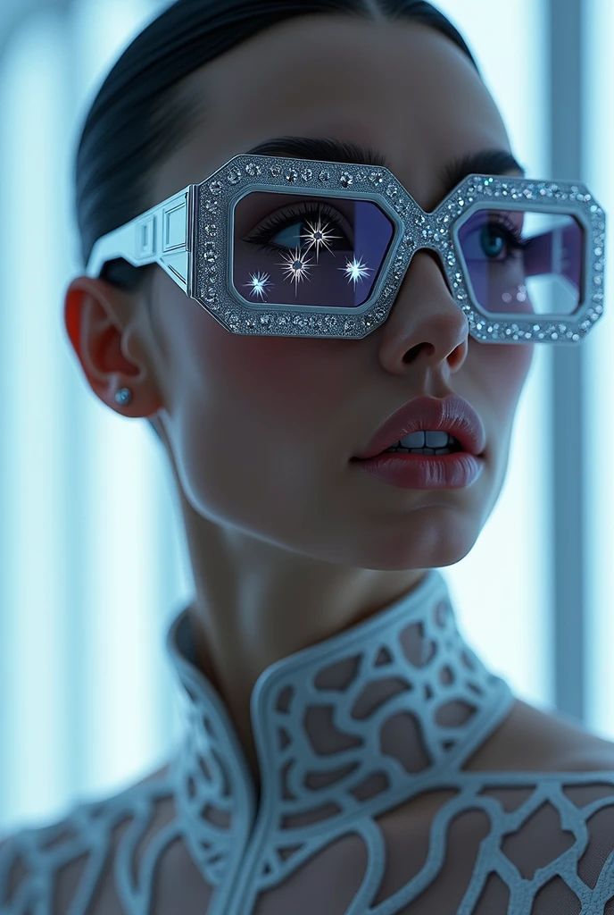 The model is wearing sunglasses with crystal stars on the glass..