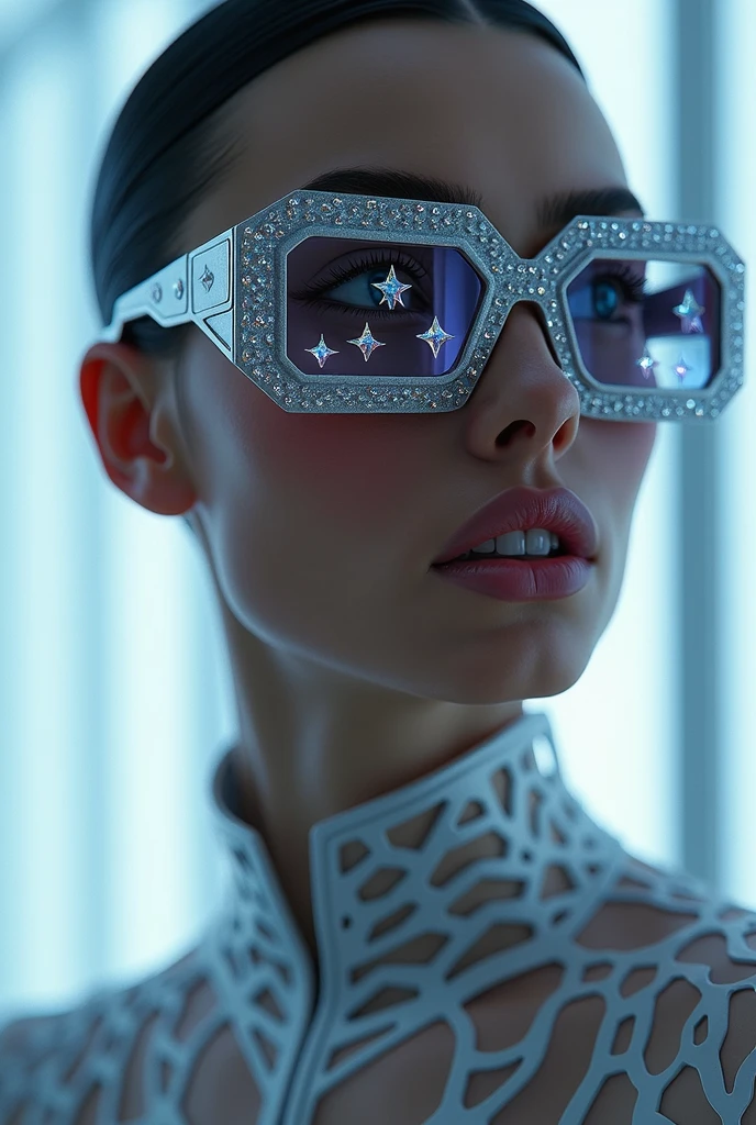 The model is wearing sunglasses with crystal stars  on the glass..